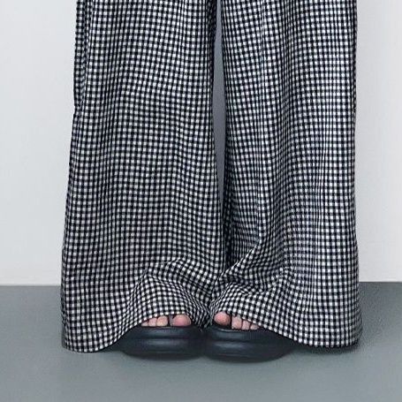 チェックパンツ 格子柄ゆったりロングワイドパンツ