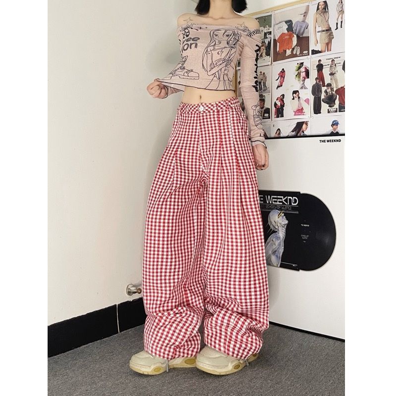 チェックパンツ レディース ギンガムチェック ワイドパンツ 赤白格子柄