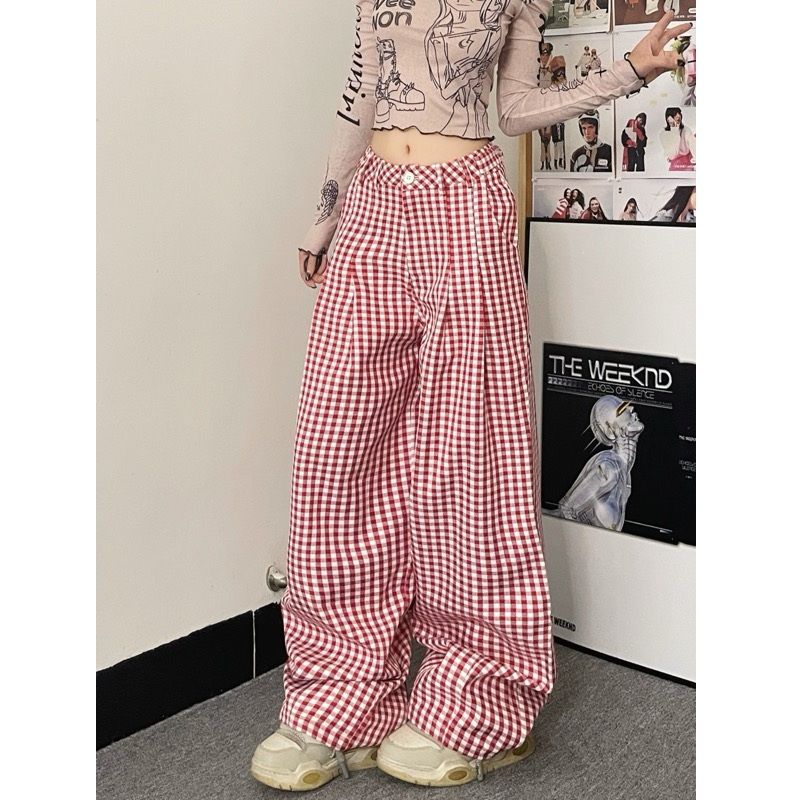 チェックパンツ レディース ギンガムチェック ワイドパンツ 赤白格子柄