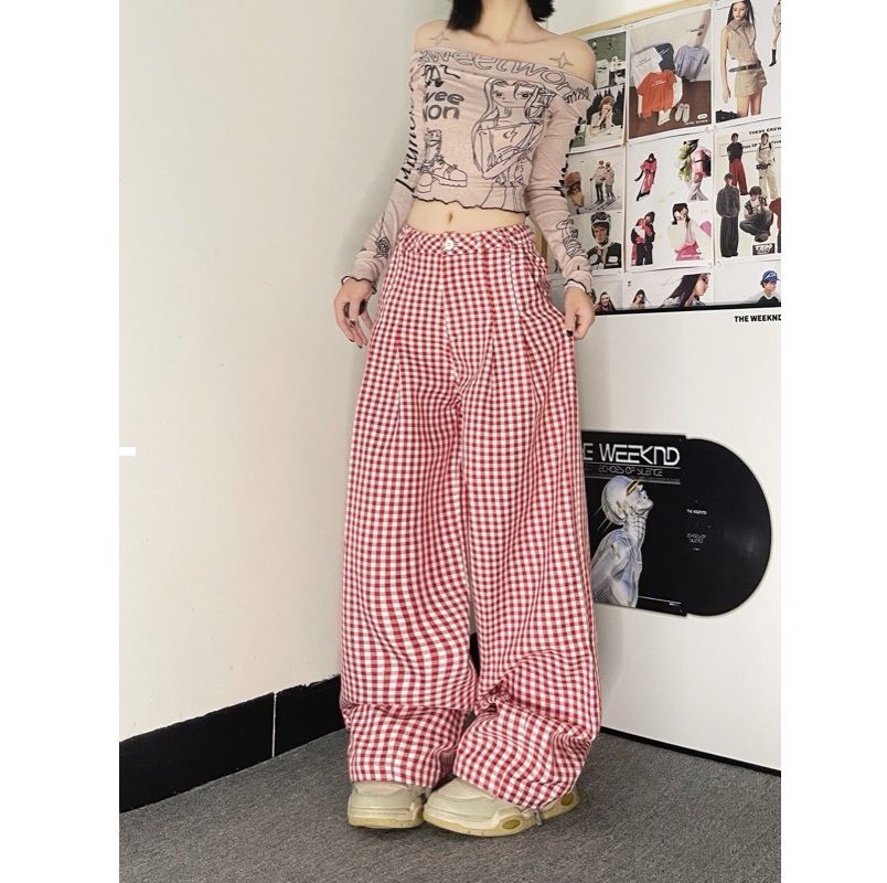 チェックパンツ レディース ギンガムチェック ワイドパンツ 赤白格子柄