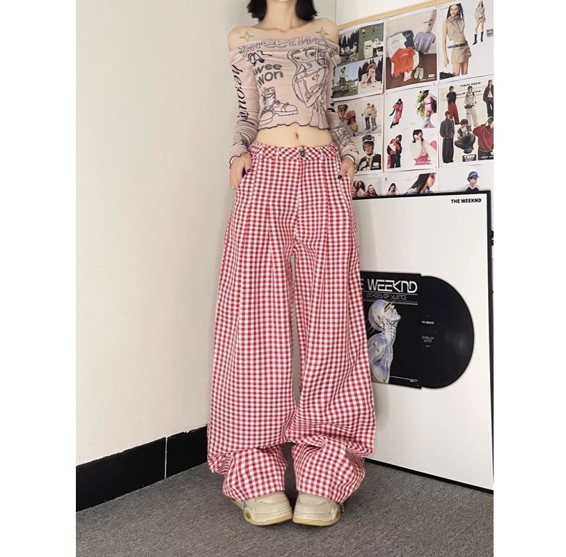 チェックパンツ レディース ギンガムチェック ワイドパンツ 赤白格子柄