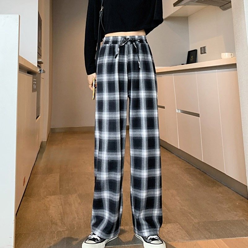チェックパンツ モノトーン格子柄 ゆったりワイドパンツ