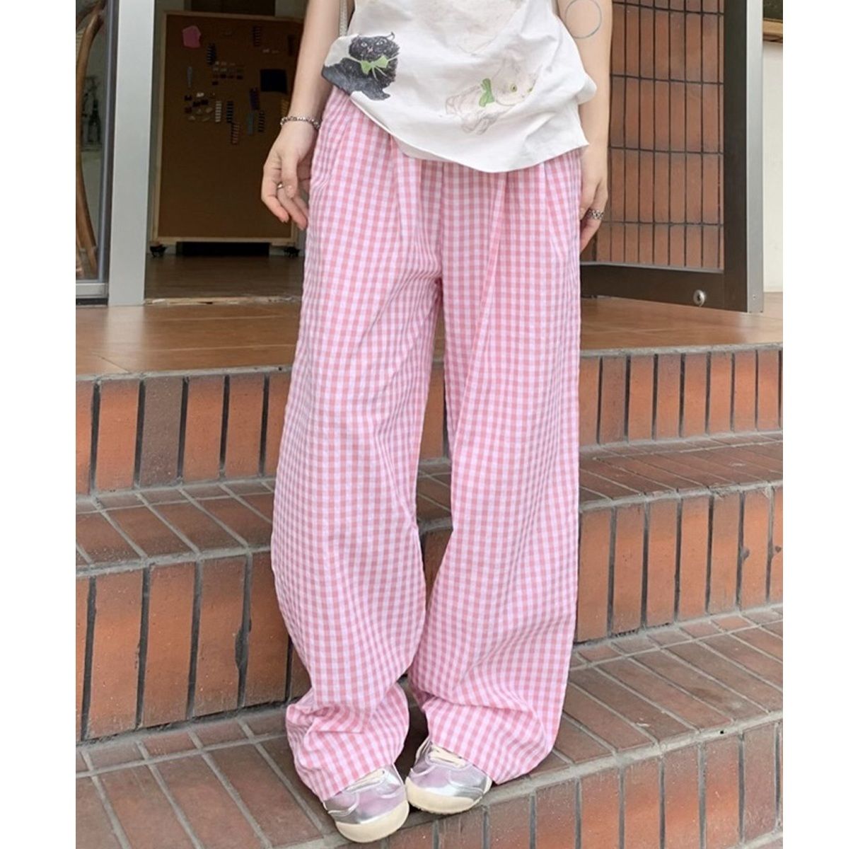 チェックパンツ ギンガムチェック柄ハイウエストワイドパンツ 薄手