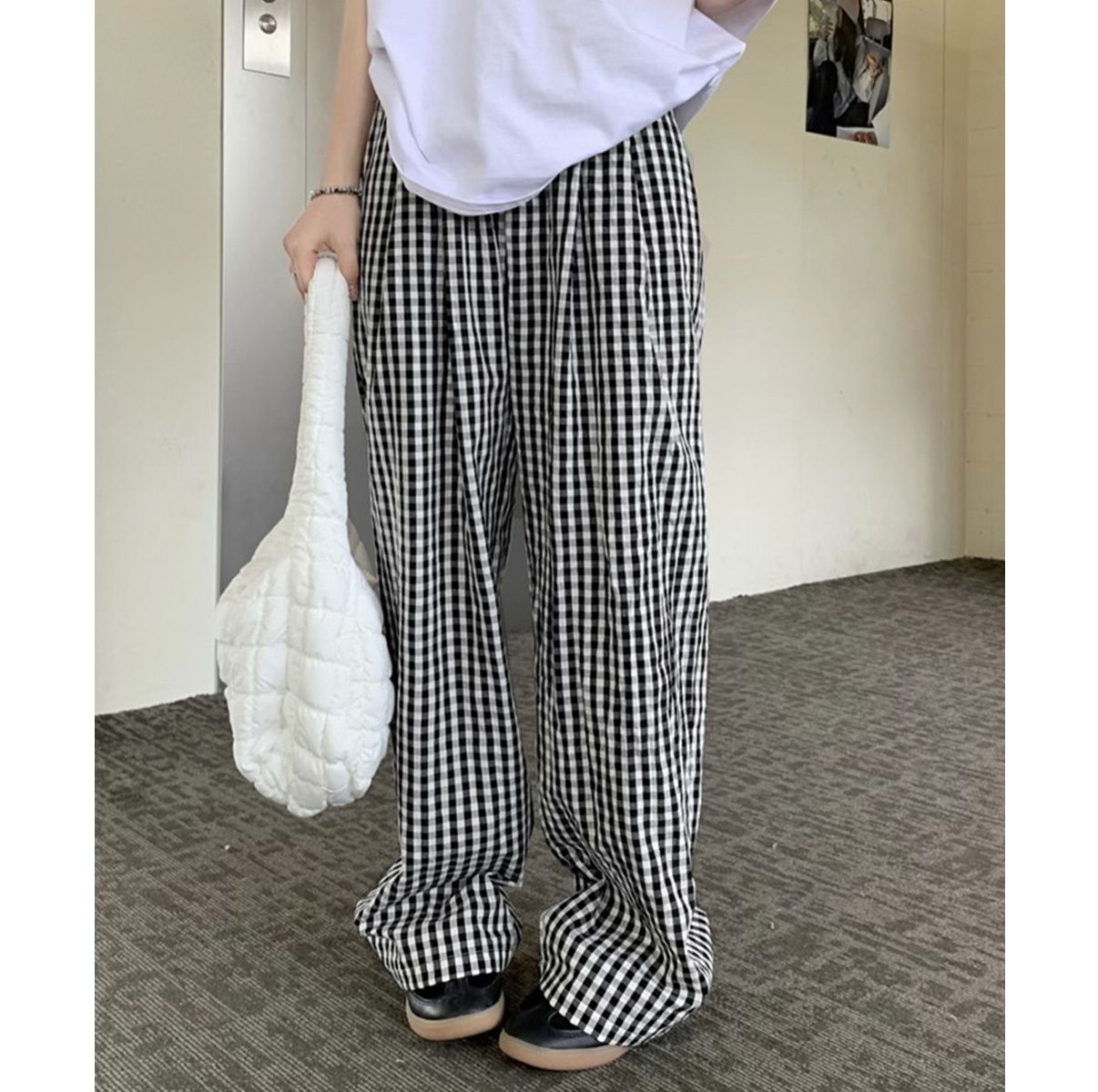チェックパンツ ギンガムチェック柄ハイウエストワイドパンツ 薄手