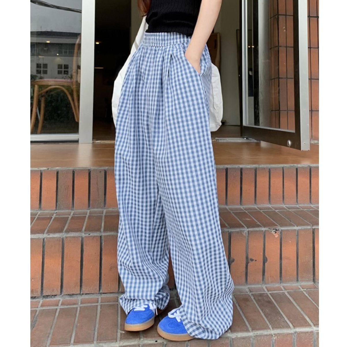 チェックパンツ ギンガムチェック柄ハイウエストワイドパンツ 薄手