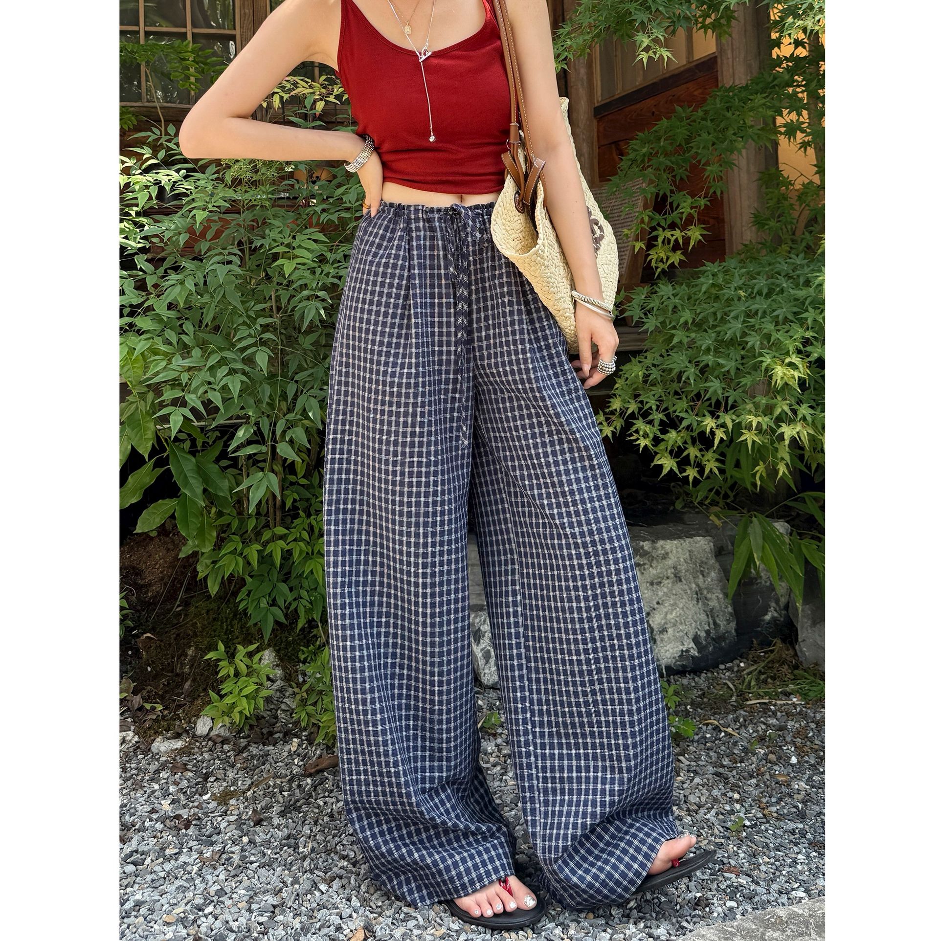 チェックパンツ 涼やかワイドギンガムパンツ