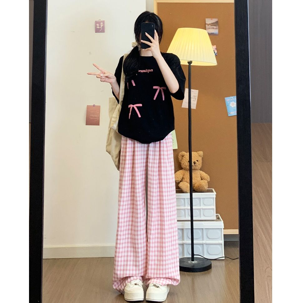 チェックパンツ 爽やか格子柄ワイドパンツ