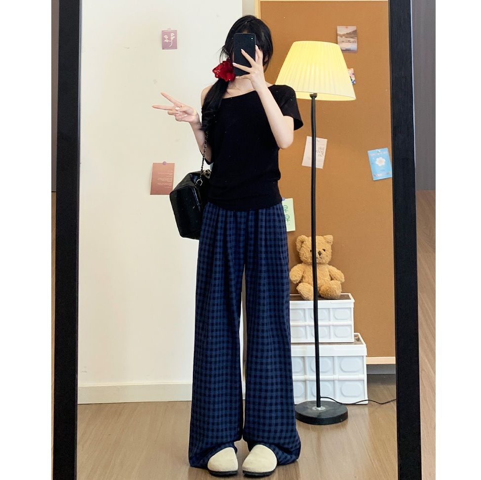 チェックパンツ 爽やか格子柄ワイドパンツ