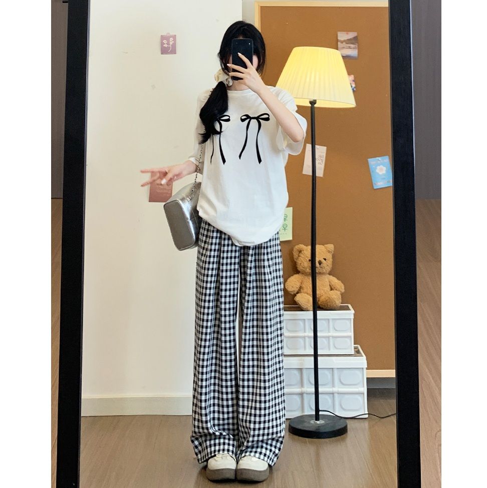 チェックパンツ 爽やか格子柄ワイドパンツ