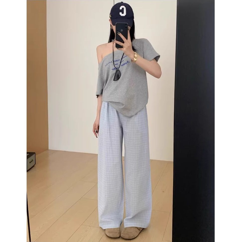 チェックパンツ 爽やか夏空ワイドパンツ