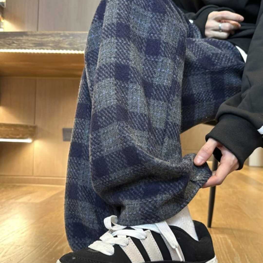 チェックパンツ あたたか起毛チェックワイドパンツ
