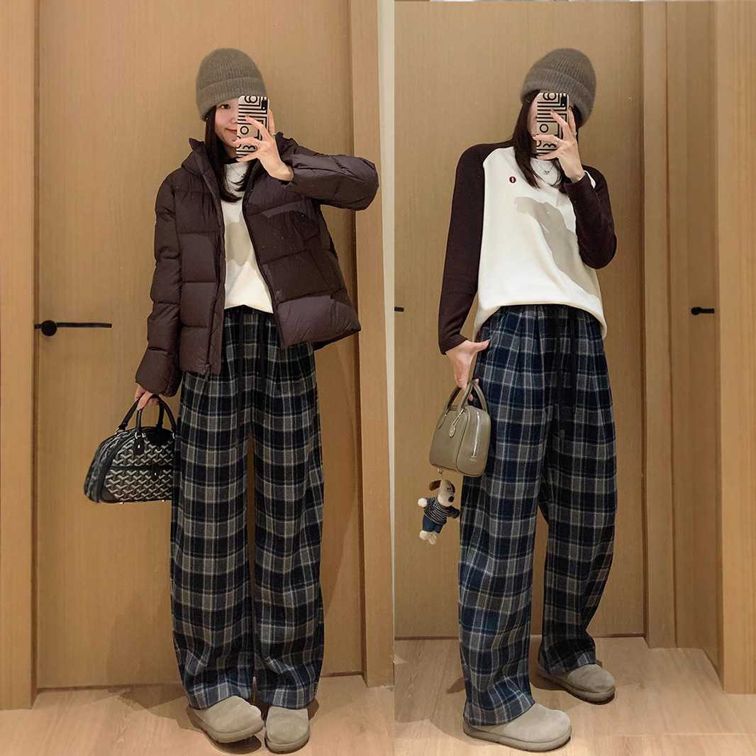 チェックパンツ あったか起毛タータンチェックワイド