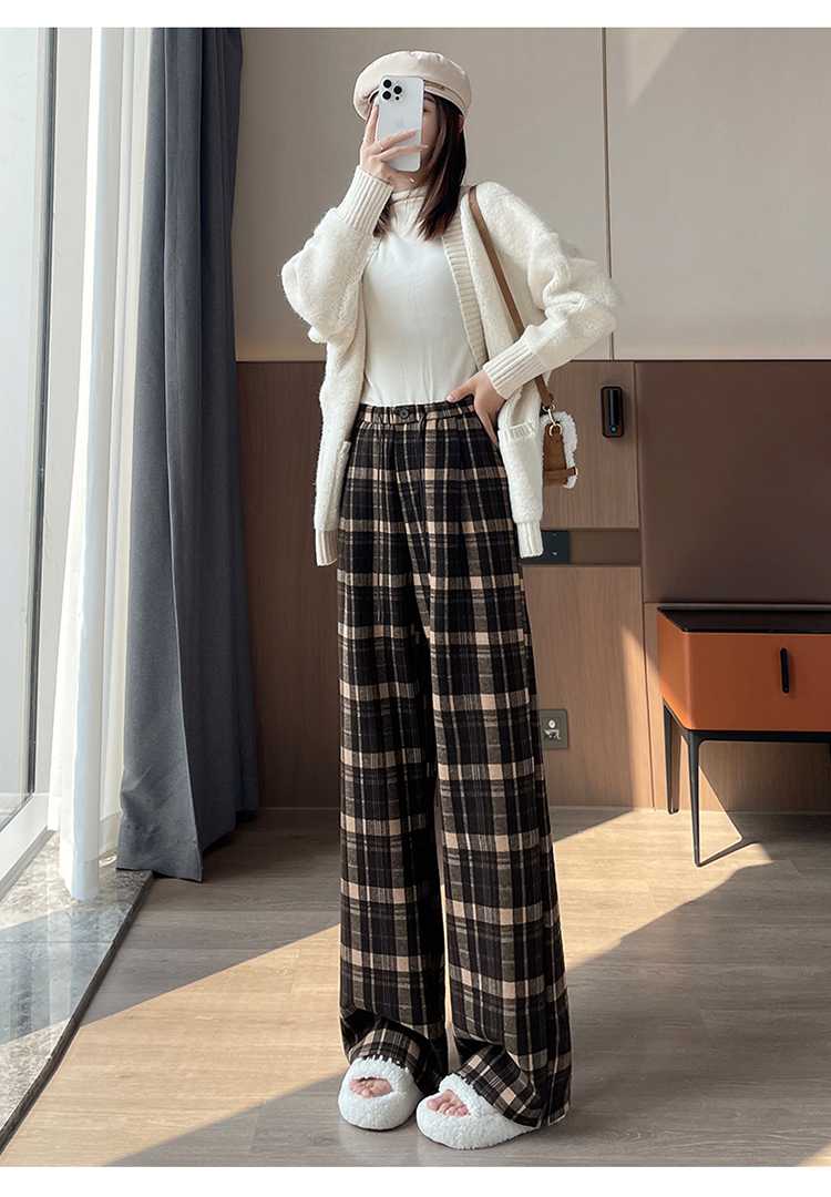 チェックパンツ ウール混チェックワイドパンツ