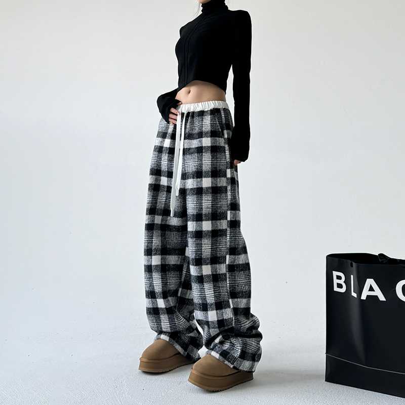チェックパンツ もこもこチェックフリースワイドパンツ