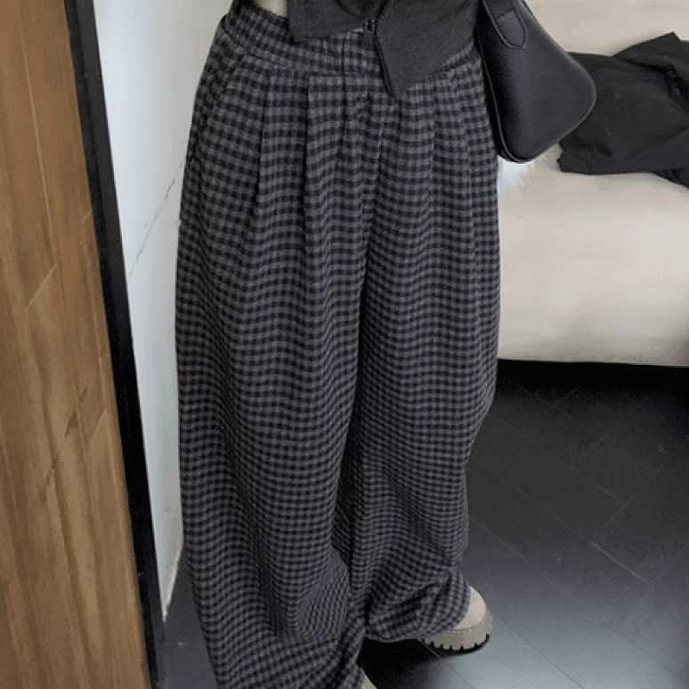 チェックパンツ ゆったりチェック柄ワイドパンツ