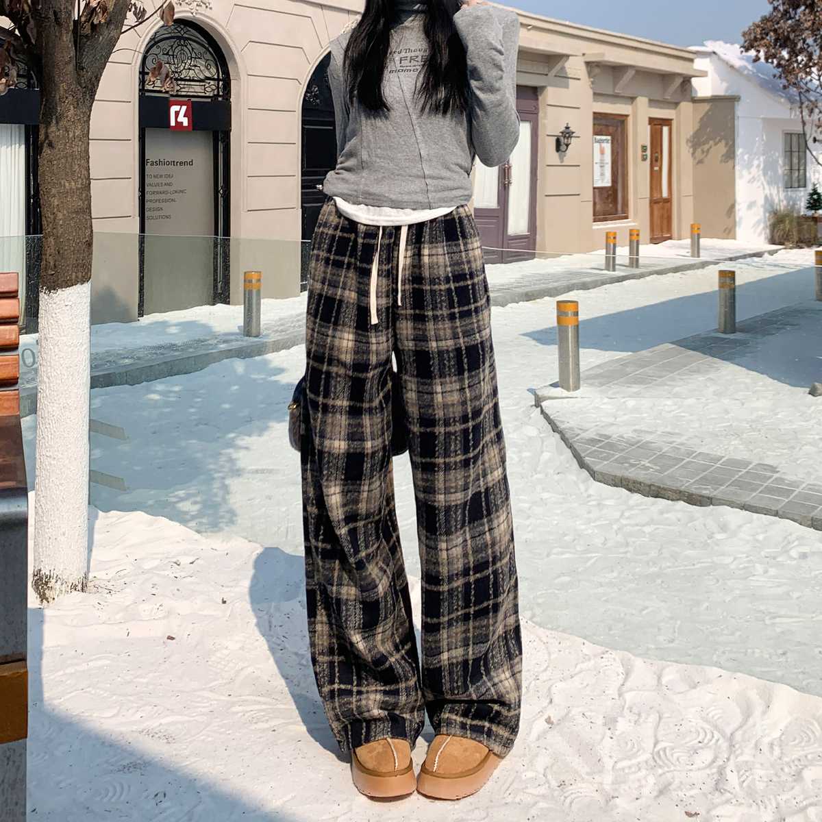 チェックパンツ ゆったりチェックあったかワイドパンツ