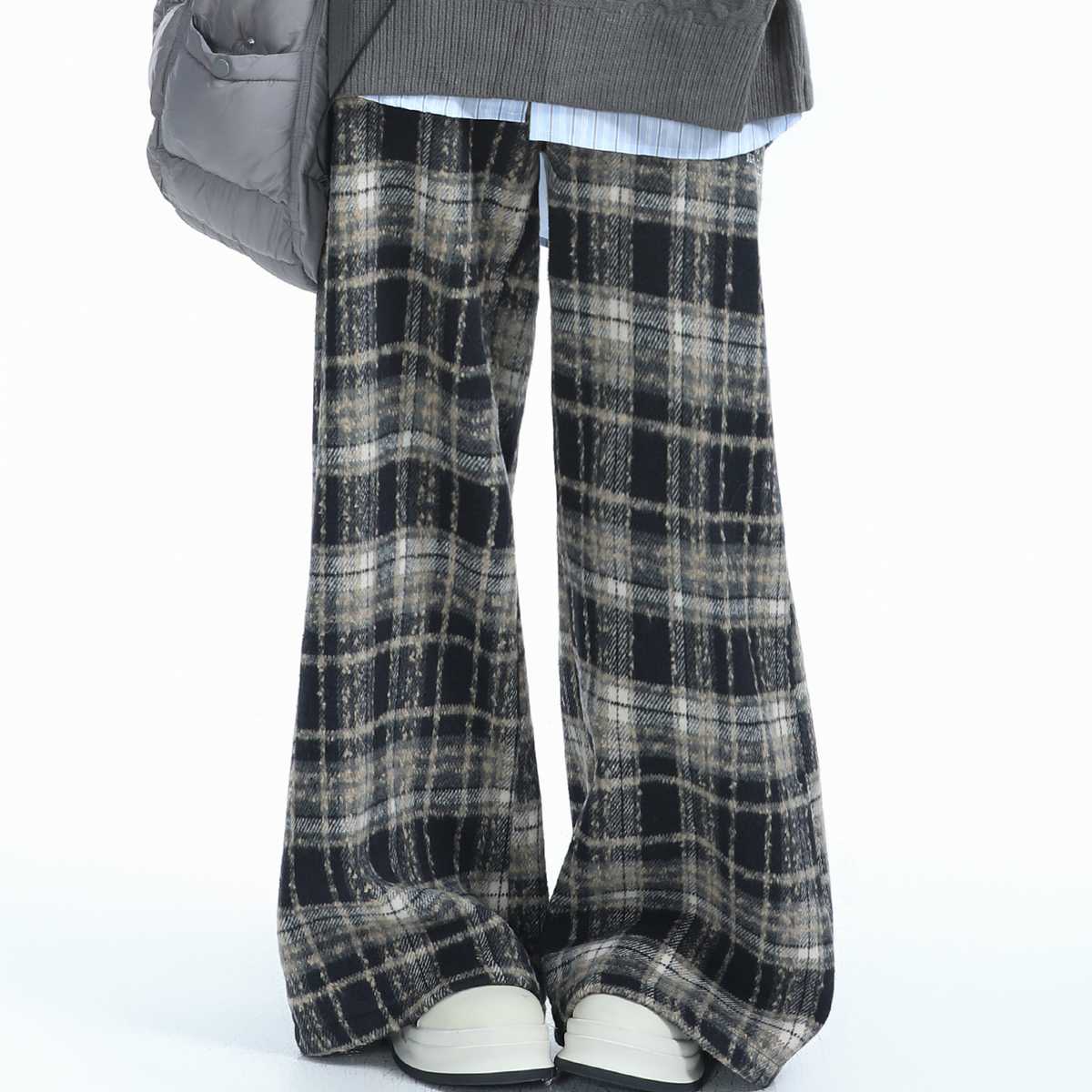 チェックパンツ ウォッシュ加工タータンフレアパンツ