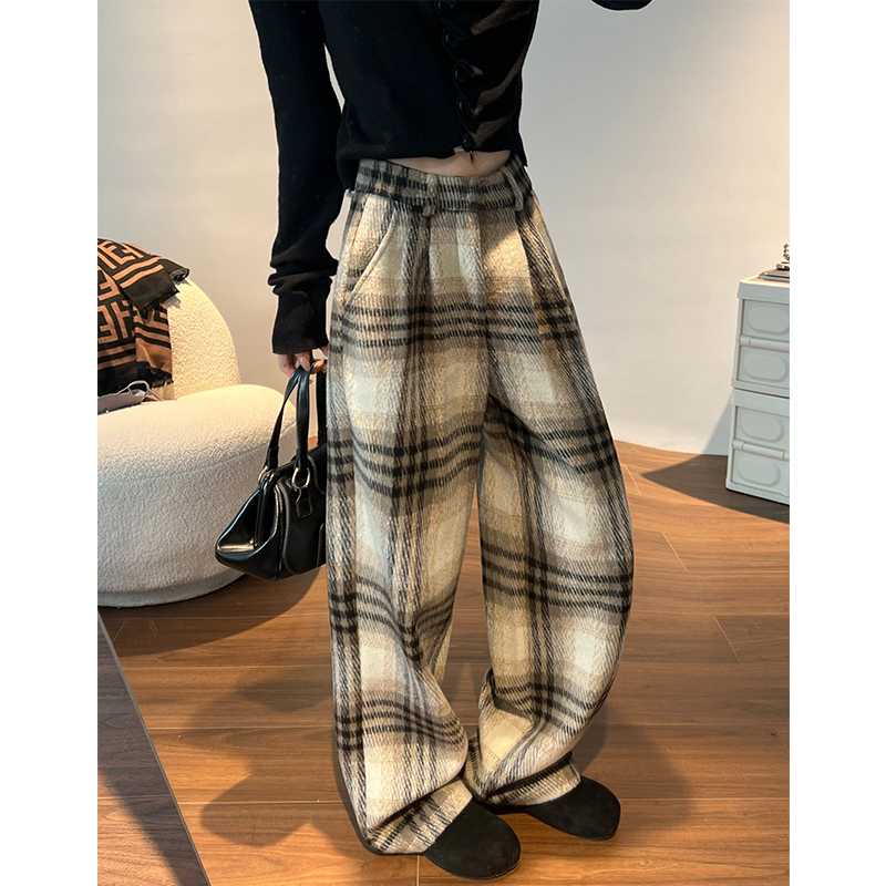 チェックパンツ ウール混 タータンチェック ワイドパンツ