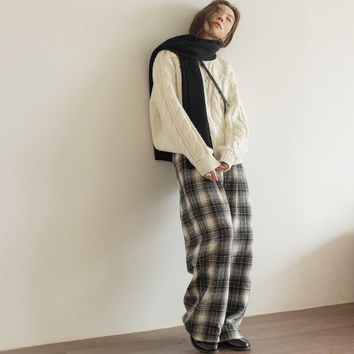 チェックパンツウール混 ゆったりタータンチェックパンツ