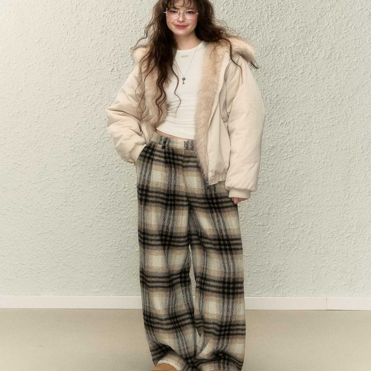 チェックパンツ もこもこチェック ゆるふわ ワイドパンツ