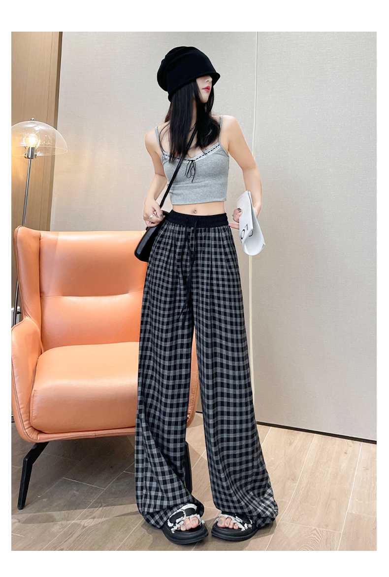 チェックパンツ グレー ゆったりシルエット格子柄ワイドパンツ