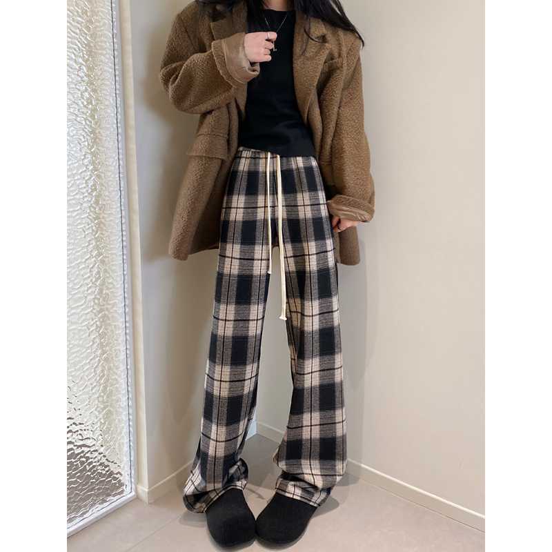 チェックパンツ 白黒 ゆったりシルエット 格子柄ルームパンツ