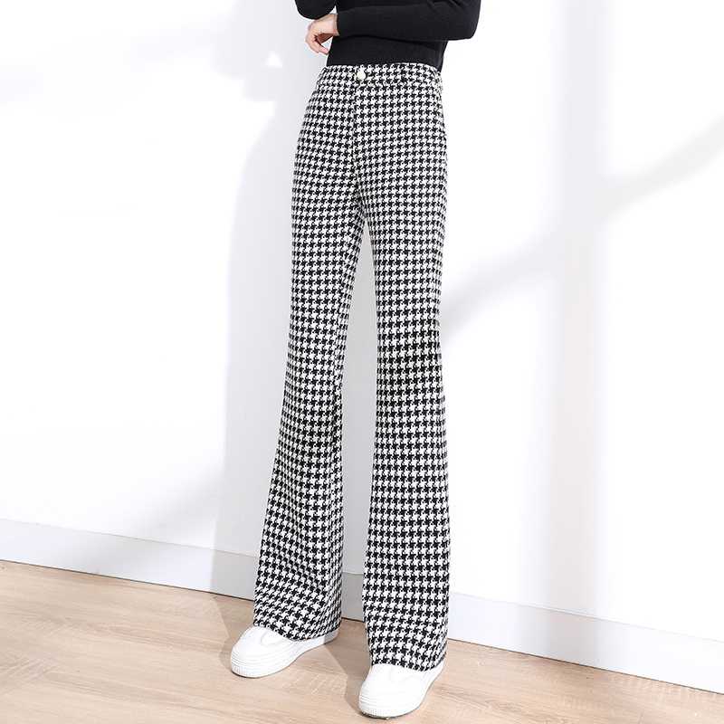 チェックパンツ 白黒 千鳥格子柄ワイドフレアパンツ