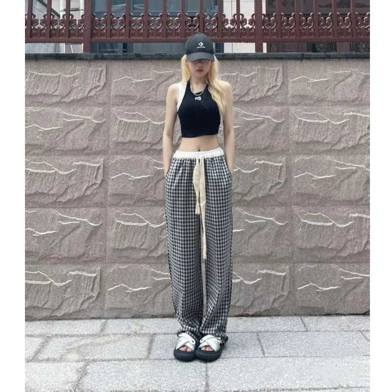 チェックパンツ 白黒 ゆったりチェック柄ドロストパンツ