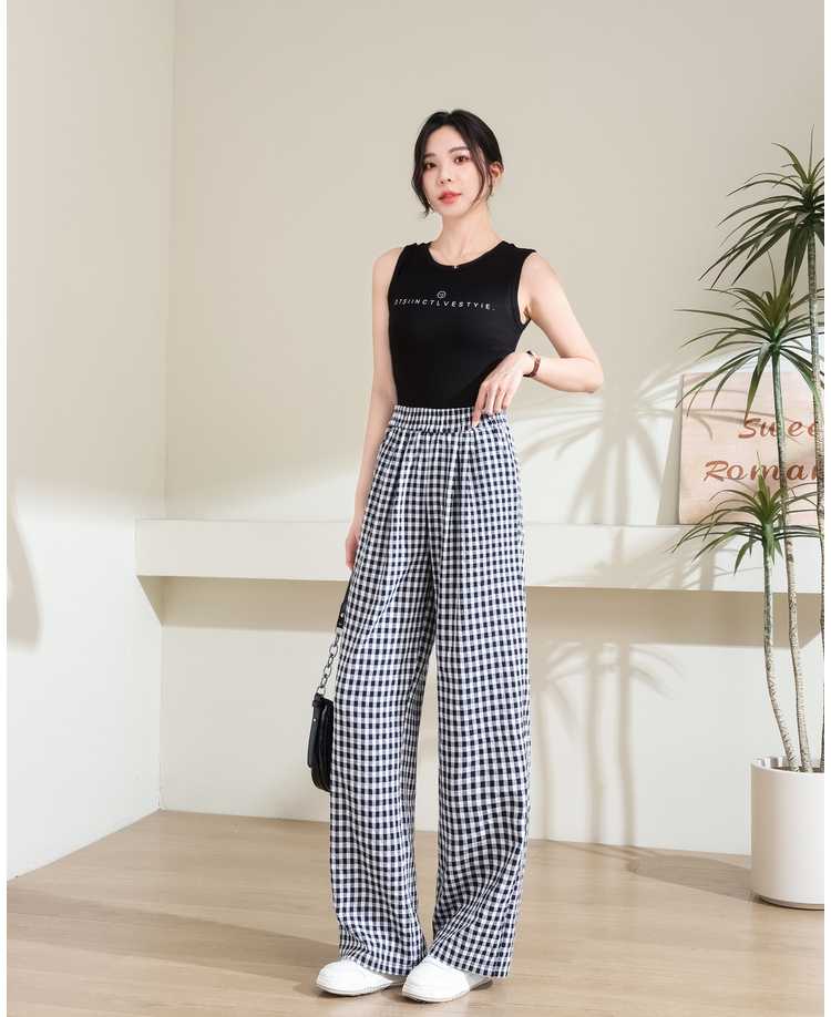 チェックパンツ 白黒 ゆったりシルエット格子柄ワイドパンツ