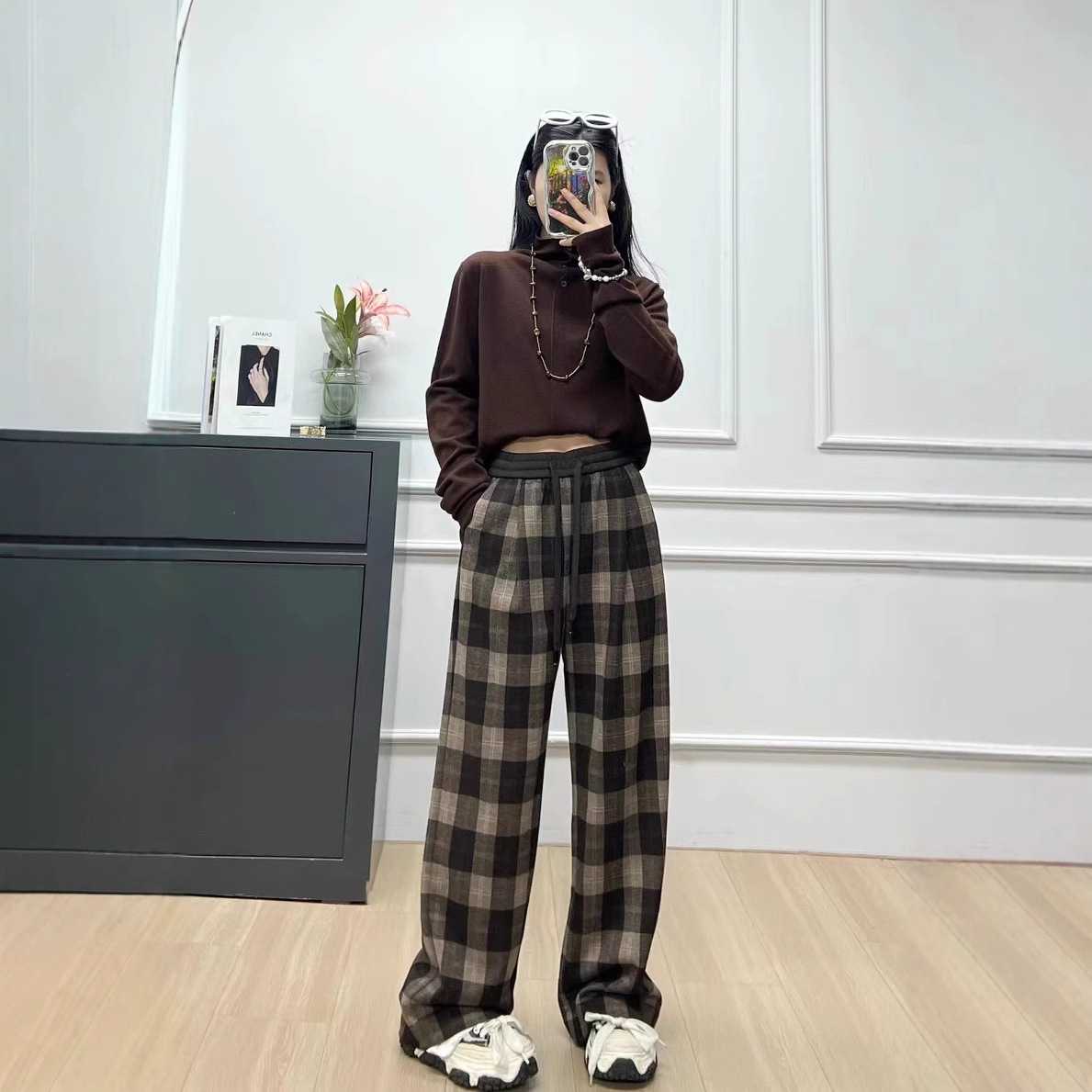 チェックパンツ ブラウン ゆったりシルエット 格子柄 ワイドパンツ