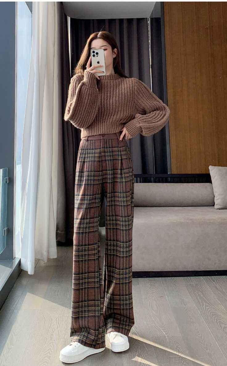 チェックパンツ ブラウン ゆったり格子柄ワイドパンツ