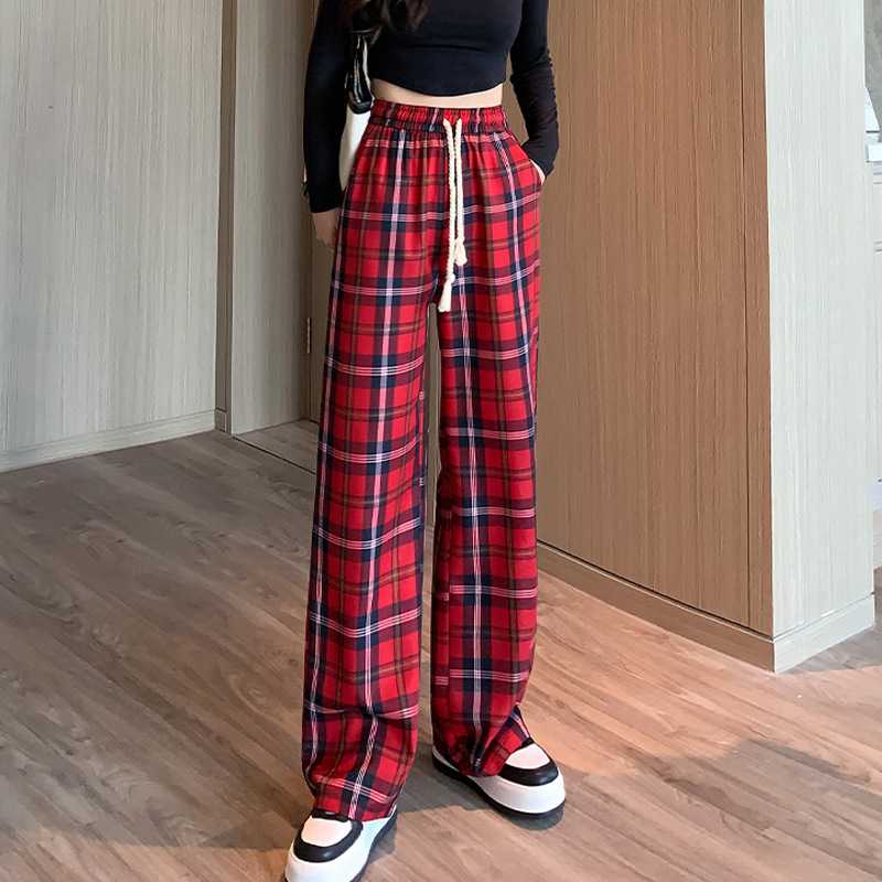 チェックパンツ 赤 伝統格子柄 ゆったりワイドパンツ