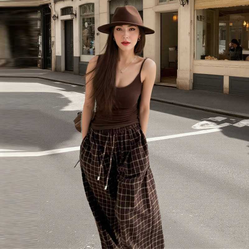 チェックパンツ ブラウン ゆったりシルエット 格子柄 ワイドパンツ