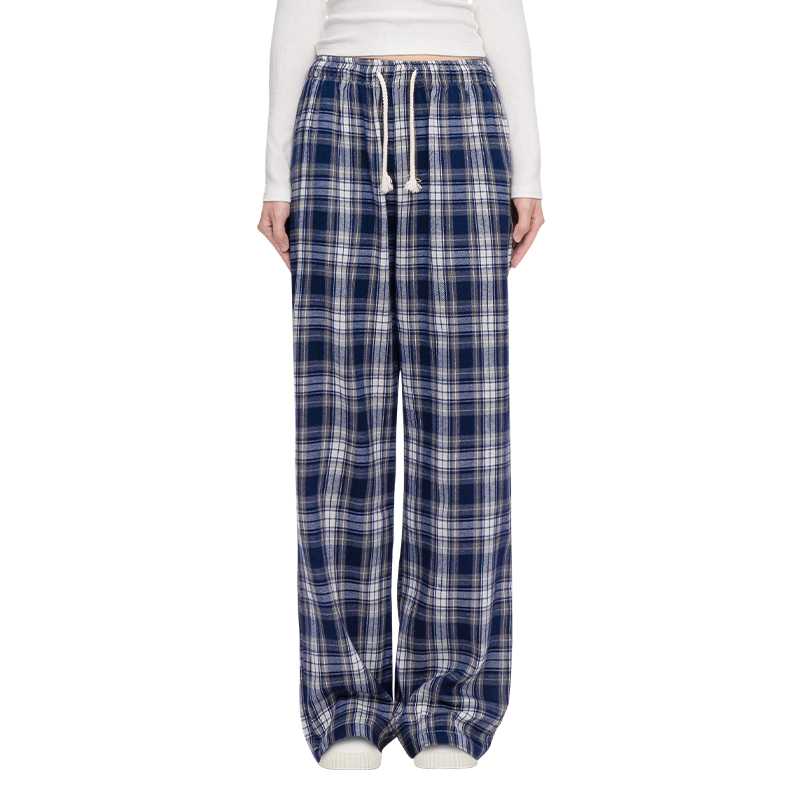 チェックパンツ ゆったりタータンチェック綿麻リラックスパンツ