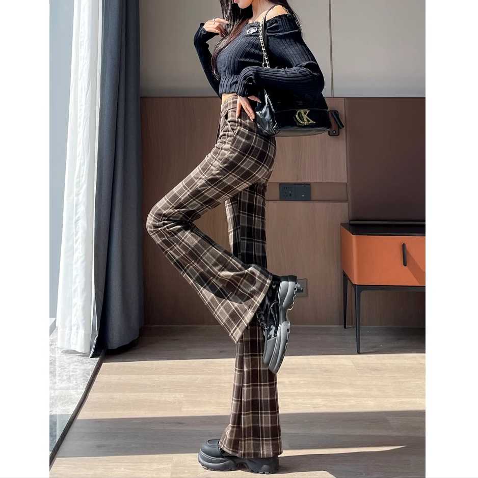 チェックパンツ レトロ調チェック柄フレアパンツ
