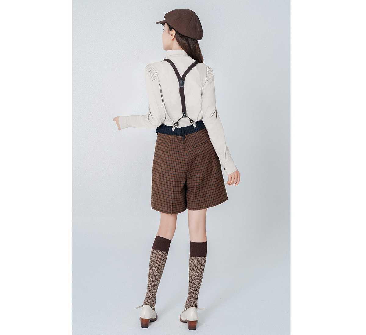 チェックパンツ レトロ風チェック柄ショートパンツ 吊りバンド付き