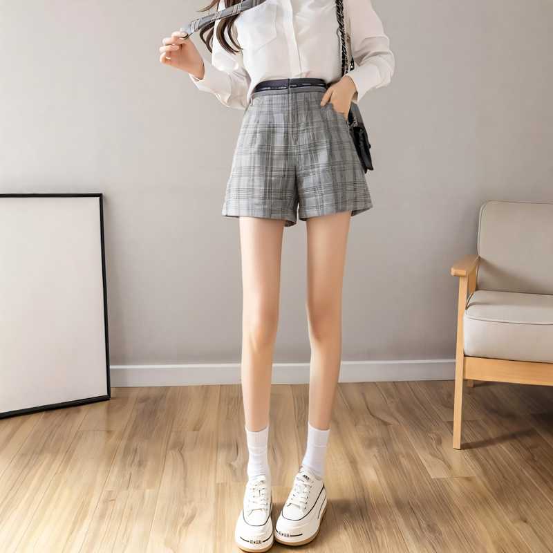 チェックパンツ クラシック格子柄ハイウエストショートパンツ