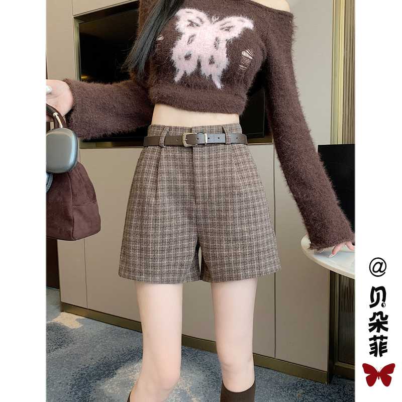 チェックパンツ クラシック格子柄ハイウエストベルト付きショートパンツ