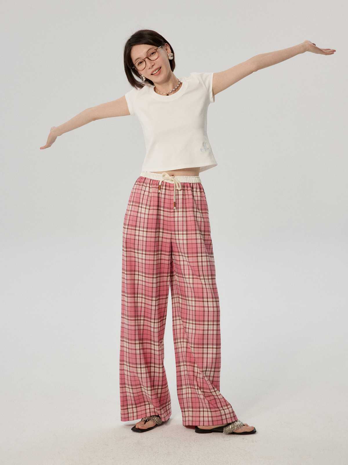 チェックパンツ チェックパンツ ゆったり格子柄ワイドパンツ