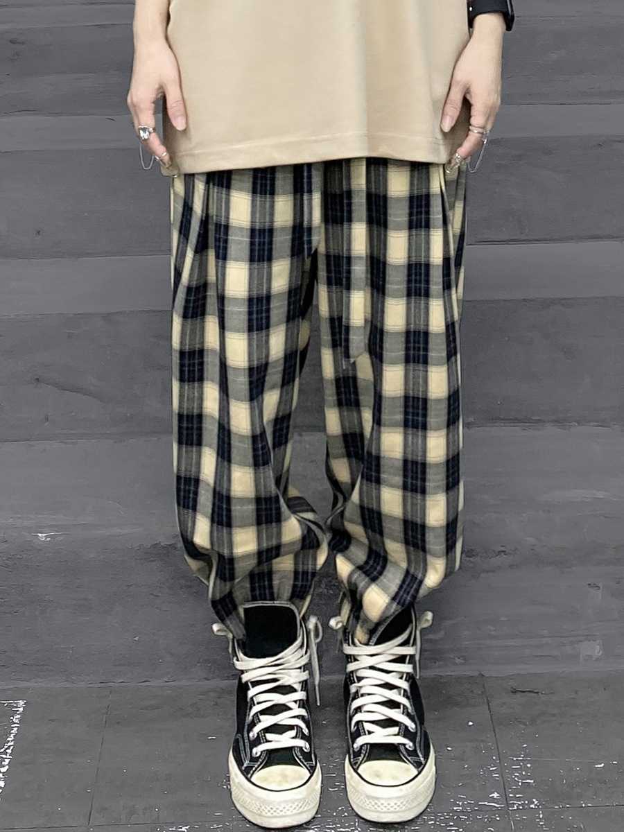 チェックパンツ チェックパンツ ゆったり格子柄ワイドパンツ
