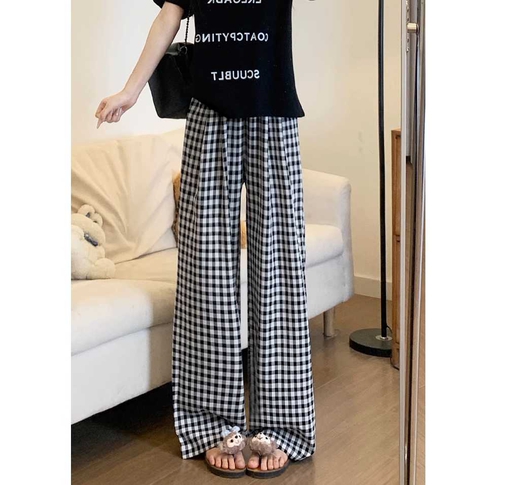 チェックパンツ 高腰ギンガムチェックワイドパンツ