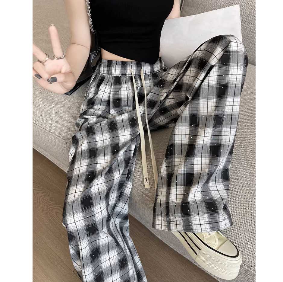 チェックパンツ 高腰美脚チェックワイドパンツ