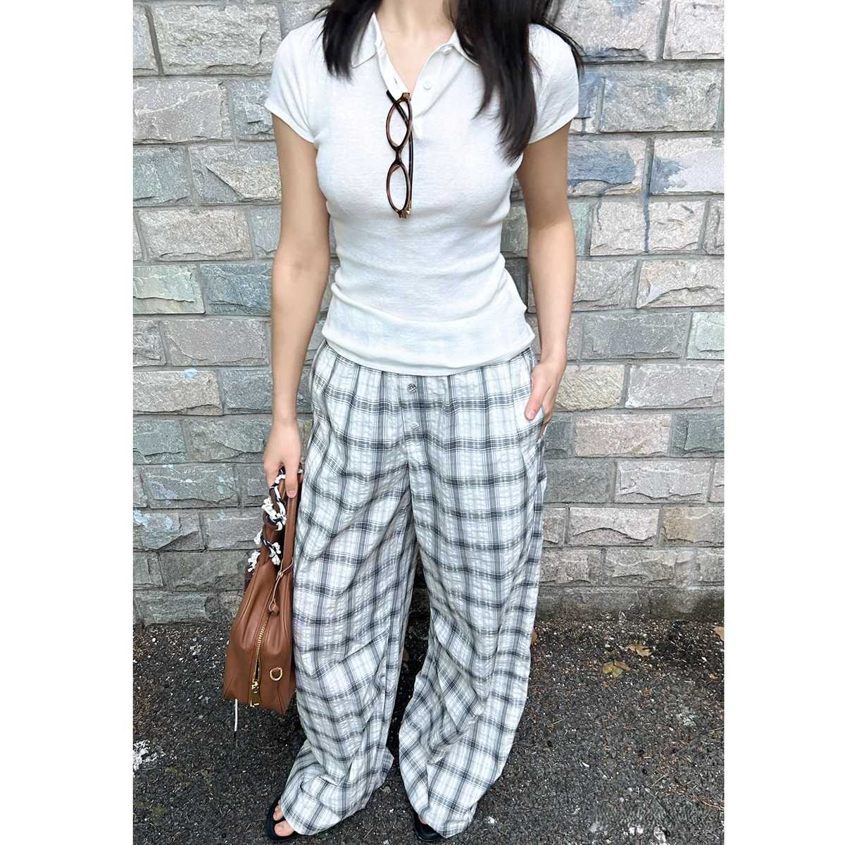 チェックパンツ 綿素材モノトーンチェックワイドパンツ