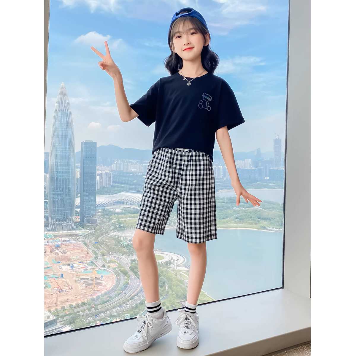 チェックパンツ 格子柄ゆったりショートパンツ