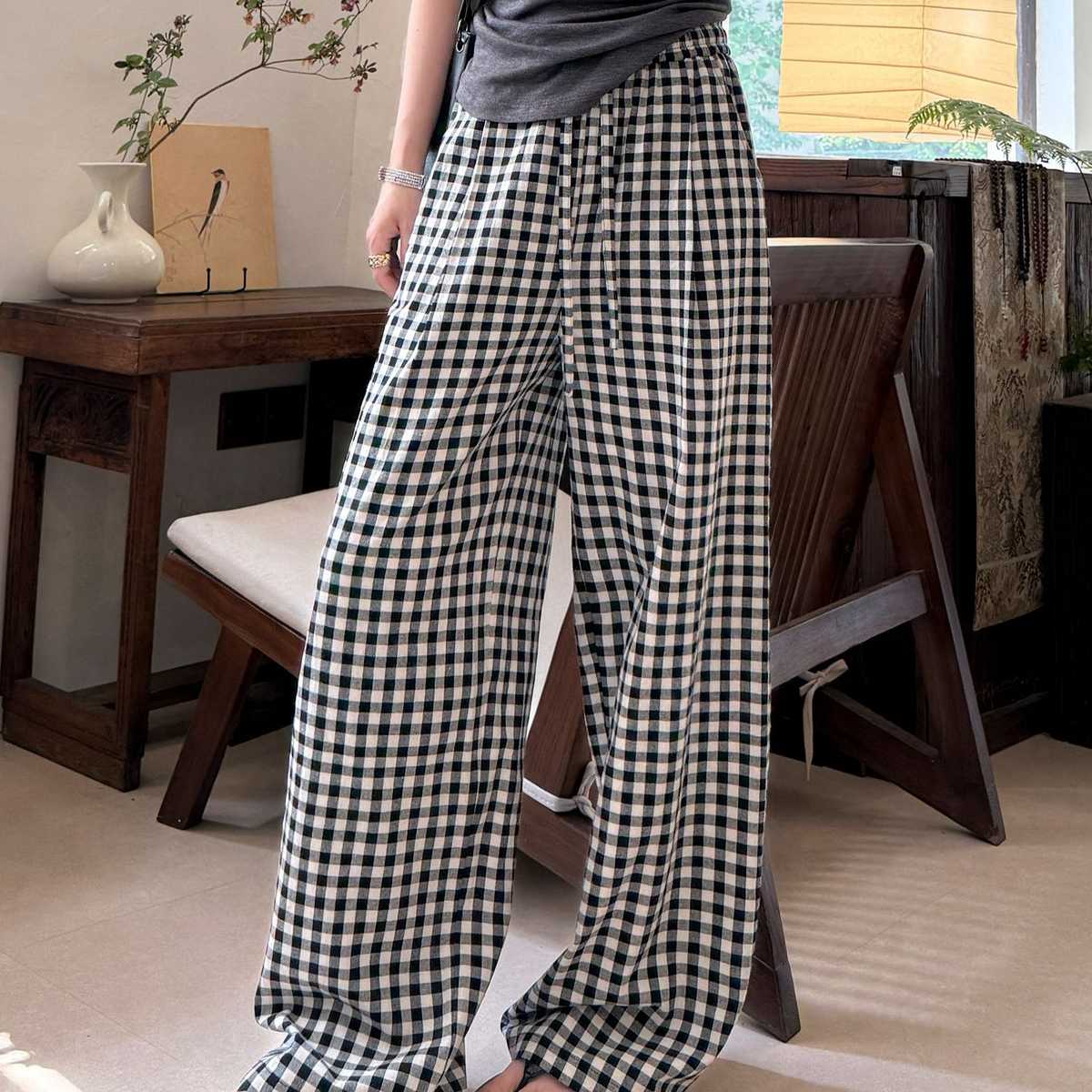 チェックパンツ 格子柄ゆったりワイドパンツ