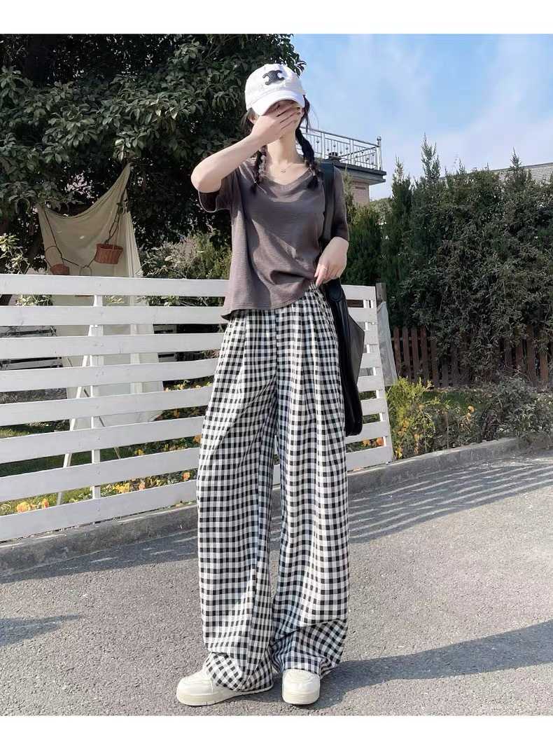 チェックパンツ 格子柄ゆったりワイドパンツ