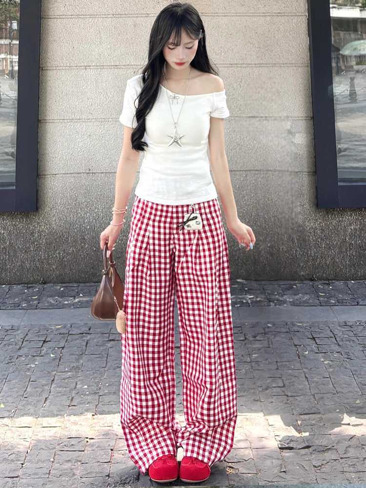 チェックパンツ 格子柄ゆったりワイドパンツ