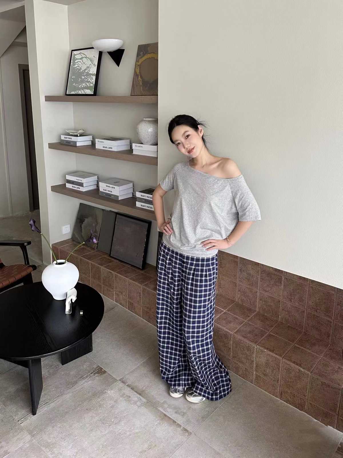 チェックパンツ クラシック格子柄ワイドパンツ