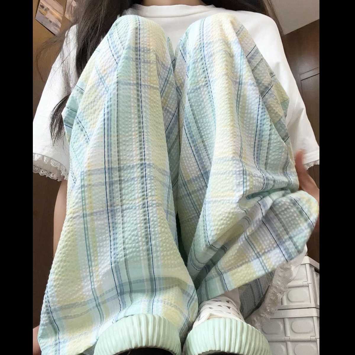 チェックパンツ 優雅な格子柄ゆったりパンツ