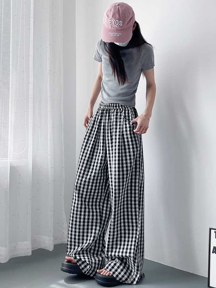 チェックパンツ 格子柄ゆったりロングパンツ